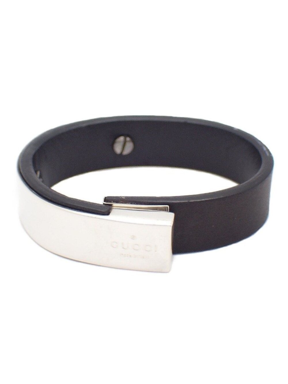 Gucci Plate Bracelet Sterling Silver 925 Leather Black